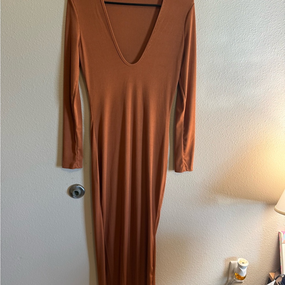 Elegant Long Sleeve Rusty Brown Dress